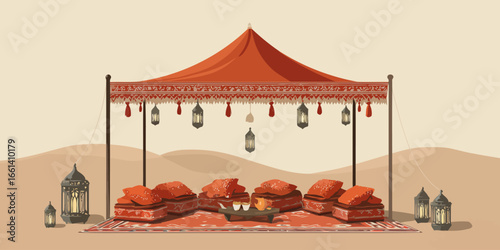 Illustrated red desert canopy with patterned rug, cushions, and hanging lanterns