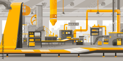 Modern industrial factory interior with yellow automated machinery and conveyor belts.