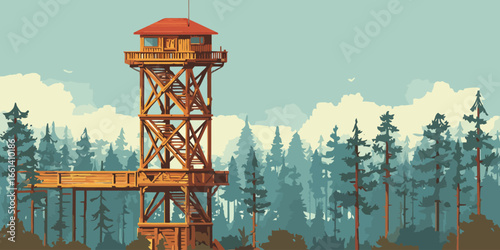 Rustic wooden fire lookout tower with a red roof, observation deck, and multiple staircases.