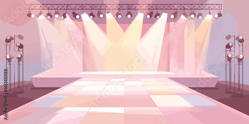 Empty pink fashion show runway with a tiled catwalk and bright spotlights illuminating the stage.
