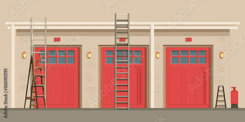 Fire Station Building Facade Illustration with Three Red Bay Doors and Ladders