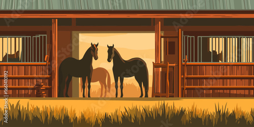 Silhouetted horses standing inside a rustic wooden stable during a warm golden sunset.