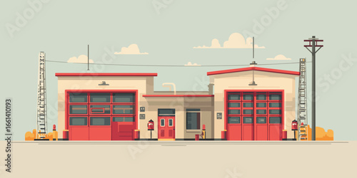 Minimalist fire station building illustration with red garage doors and a flat design style.