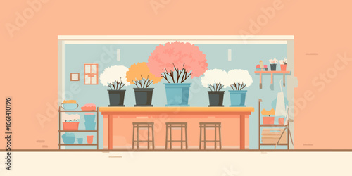 Charming flower shop interior illustration with colorful blooming plants on a wooden counter.
