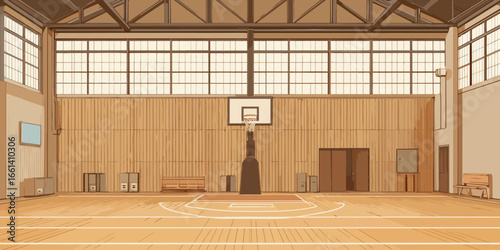 Vintage anime style illustration of an empty school gymnasium with a wooden basketball court, hoop, and large sunlit windows.