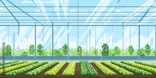 Modern glass greenhouse interior with neat rows of lush green seedlings growing in an urban farm.