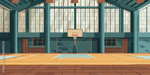 Stylized illustration of an empty indoor basketball court with a wooden floor, large windows, and a central hoop.