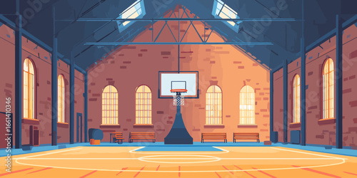 Sunlit Indoor Basketball Court in an Old Brick Gymnasium with Arched Windows.