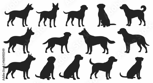 Silhouette collection of various dog breeds in different poses, including standing, sitting, and lying down.