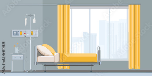 Modern hospital room interior with an empty bed, IV drip, and a window overlooking the city.