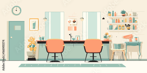 Modern hair salon interior with two orange styling chairs, mirrors, and shelves with beauty products. Flat vector illustration with a pastel color palette.