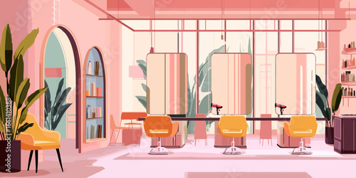Chic hair salon interior with pink walls, modern yellow chairs, and large mirrors.