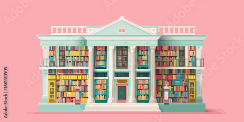 A grand, pastel-colored neoclassical building with walls made entirely of colorful, stacked bookshelves.