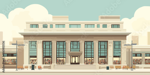 Grand public library building with classical columns, a wide staircase, and large glass windows.