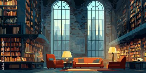 Grand library reading room with tall arched windows, two-story bookshelves, and a cozy seating area.