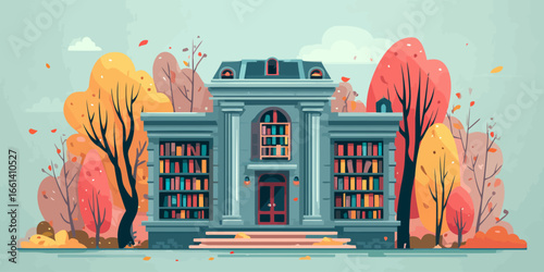 Illustrated classical building with unique exterior bookshelves, grand columns, and a mansard roof.