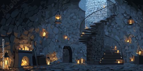 Dark medieval stone tower interior with a spiral staircase illuminated by warm candlelight.