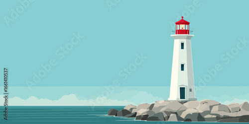 A tall white lighthouse with a red lantern room standing on a rocky coast, a flat vector illustration.