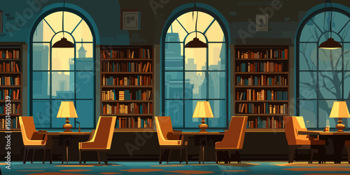 A tranquil library interior with arched windows, bookshelves, and warm lamplight.