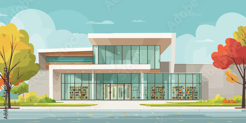Modern two-story public library building with a sleek glass facade and visible bookshelves.
