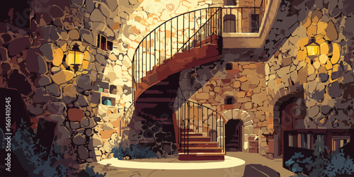 Charming rustic stone courtyard with a winding spiral staircase illuminated by warm lantern light.