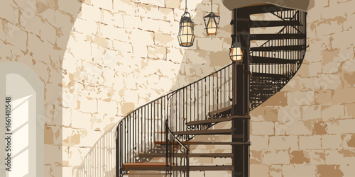 Dark metal spiral staircase with wooden treads ascending a rustic stone tower interior.