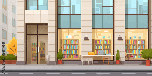 Illustrated modern bookstore facade with large glass windows showcasing colorful bookshelves and a warm, inviting interior.