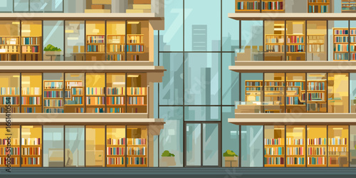 Modern multi-story library building with a glass facade showing illuminated bookshelves.