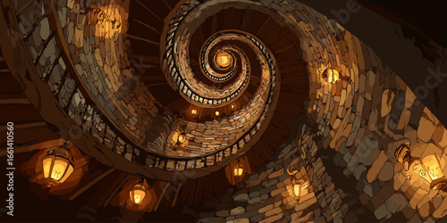 Illustrated upward view of a winding spiral stone staircase illuminated by warm glowing lanterns.