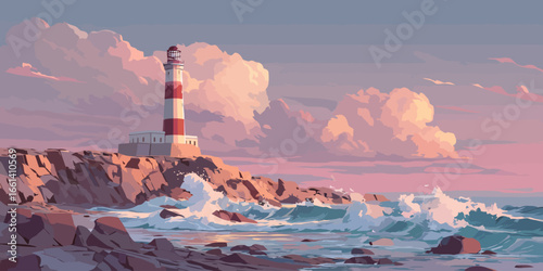 Red and white striped lighthouse on a rocky cliffside during a vibrant pastel sunset with crashing ocean waves.
