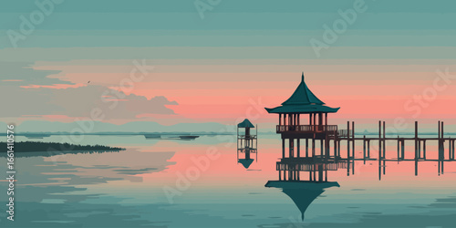 Pixelated Asian-style pagoda and pier on stilts, reflected in calm, serene water.
