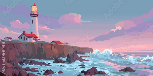 Picturesque white lighthouse and red-roofed buildings on a rocky cliff above a churning sea.