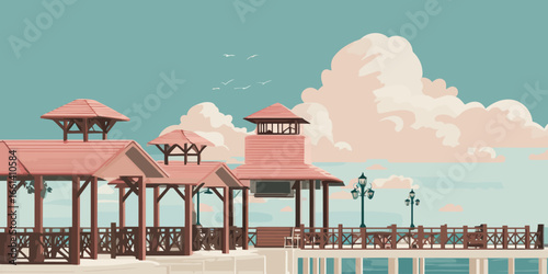 Stylized Vector Illustration of a Seaside Pier with Pink-Roofed Wooden Gazebos
