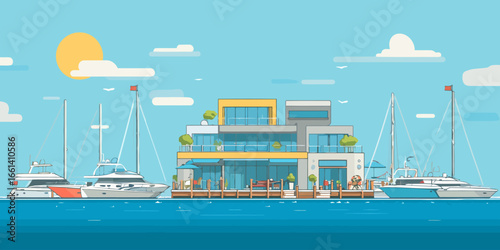 Stylized illustration of a modern waterfront house with luxury yachts docked at a pier under a sunny sky.