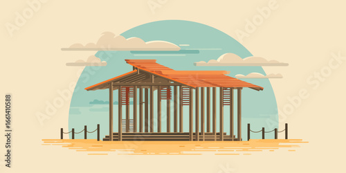 A stylized vector illustration of a traditional wooden beach hut with an orange tiled roof.