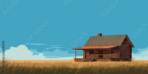 Stylized illustration of a rustic wooden log cabin with a covered porch and chimney.