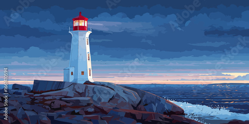 White lighthouse with a glowing red lantern on a rocky coast under a dramatic twilight sky.
