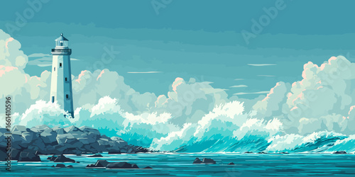 Stylized white lighthouse on a rocky coast with large, crashing turquoise sea waves.