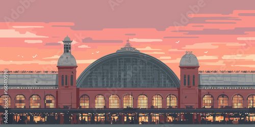 Grand red brick railway station with a massive arched glass roof and warm illuminated windows.