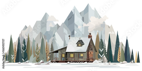 Stylized winter landscape illustration of a cozy wooden cabin nestled in a snowy mountain forest with a smoking chimney.