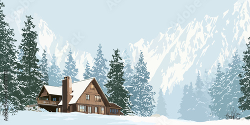 Vector Illustration of a Cozy Brown Chalet in a Snowy Alpine Forest with Majestic Mountains