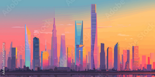 Vibrant vector art of a modern city skyline with colorful skyscrapers against a sunset sky.