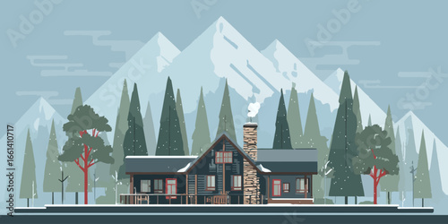 Rustic wooden cabin with a stone chimney in a snowy mountain forest, flat vector illustration.