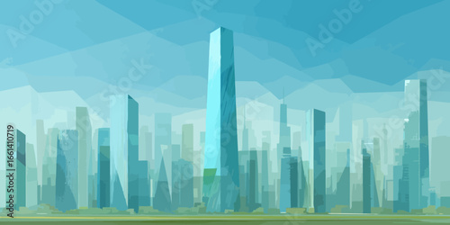 Stylized Geometric Cityscape Illustration with a Tall Central Skyscraper in Cool Blue and Teal Tones.