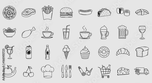 A collection of line art illustrations depicting various food and beverage items, arranged in rows.
