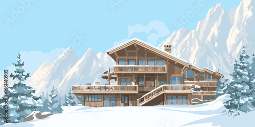 A luxurious multi-story wooden alpine chalet with snow-covered roofs, large windows, and multiple balconies.