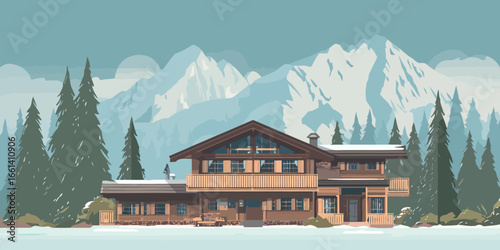 Illustrated rustic wooden alpine chalet with a snow-covered gabled roof and a large balcony.