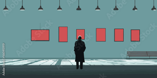 Contemplative elderly man in a black trench coat observing minimalist red paintings in a gallery.