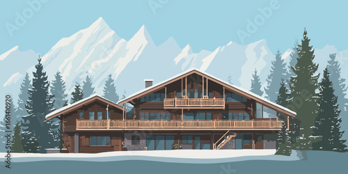 Illustrated large wooden alpine chalet with a snow-covered roof, balconies, and stone foundation.