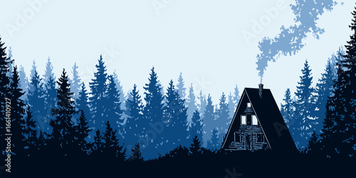 Stylized monochromatic blue illustration of a secluded A-frame cabin with a smoking chimney nestled in a dense, layered pine forest.